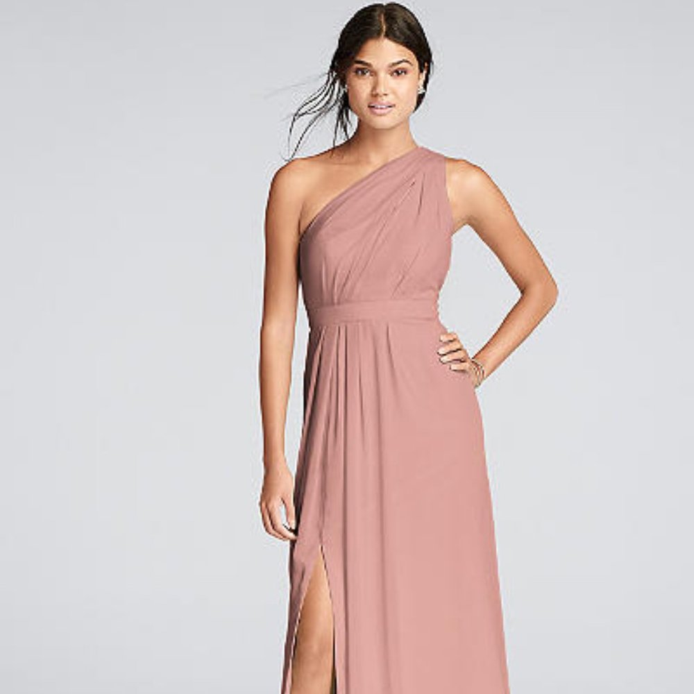 David's Bridal Long One-Shoulder Crinkle Chiffon